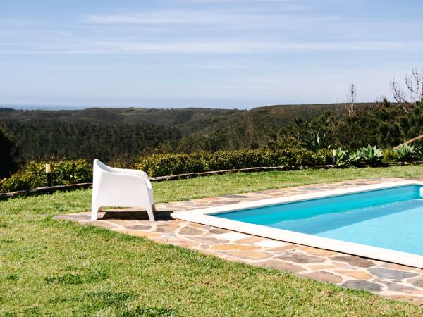 Césped artificial alrededor de piscina en jardín, resistente al cloro y la humedad